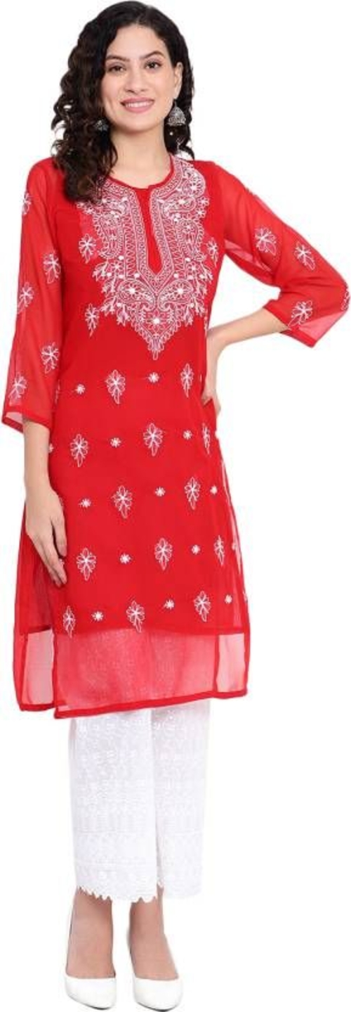 Women Chikanari Embroidery Georgette Straight Kurta Handwork Design