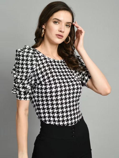 Women Puff Sleeves Straight Top (Size-L) (Color-Black&White)