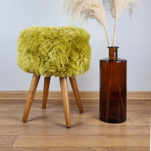 Green yellow genuine sheepskin stool with oak legs