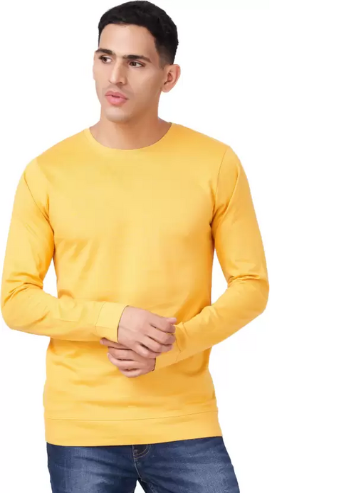 Men Solid Full Sleeves Round Neck Cotton Yellow T-Shirt (Size L)