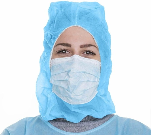 Polypropylene Hoods. Pack of 100 Blue Hooded Caps, Elastic Non-Woven