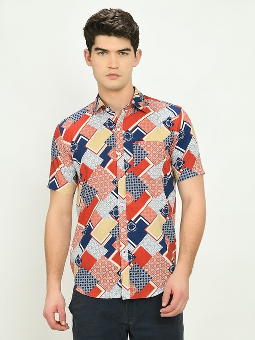 Abstract Square Printed Vacation Shirt-RED (Size-S) (Color-RED)