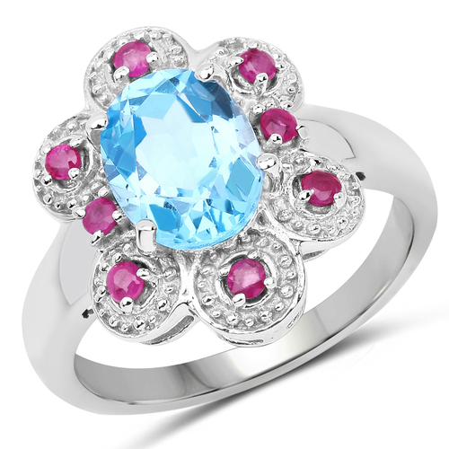 2.28 Carat Genuine Swiss Blue Topaz and Ruby .925 Sterling Silver Ring