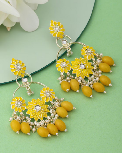 Stone-Studded Dangler Earrings (Color-MUSTARD)