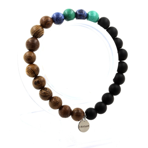 Malachite + blue Jasper + Matte Black Onyx + Wood Bracelet
