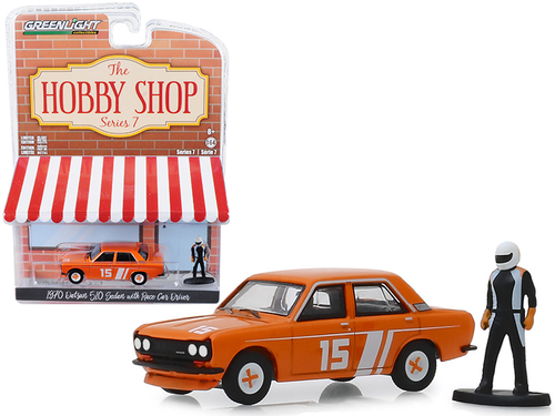 1970 Datsun 510 4-Door Sedan #15 Orange with Race Car Driver Figurine