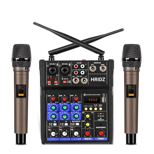 HRIDZ Stereo Audio Mixer Build-in UHF Wireless Mics 4 Channels Mixing