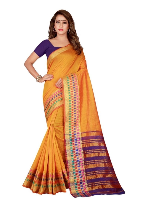 Generic Women's Cotton Silk Saree(Yellow, 5.5-6