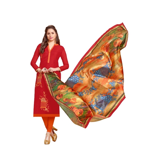 Chanderi Fabric Red Color Dress Material