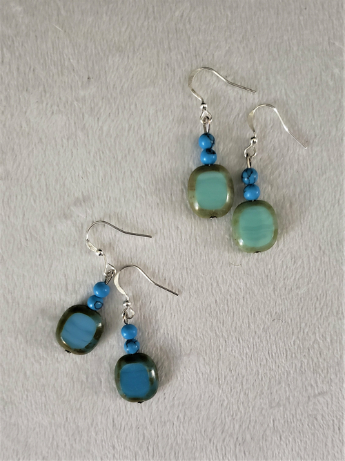 Handmade Stone and Glass Artisan Earrings Green Blue Boho Earrings