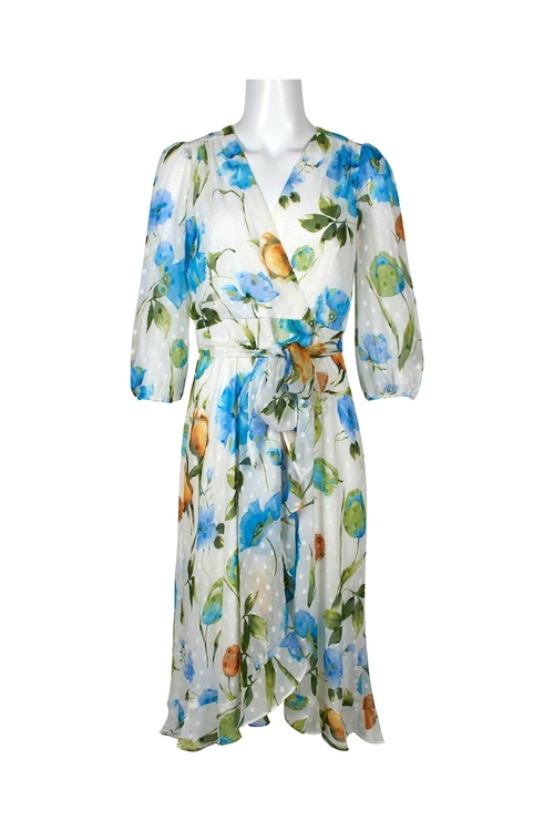 Gabby Skyle V-Neck 3/4 Sleeve Tie Waist Floral Print Chiffon Dress