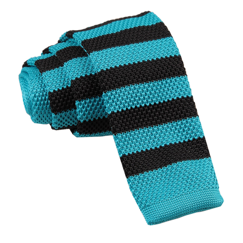 Knitted Striped Skinny Tie - Robin's Egg Blue & Black