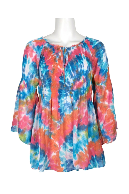 Spense Boat Neck Tie Neck Long Sleeve Multi Print Polyester Top