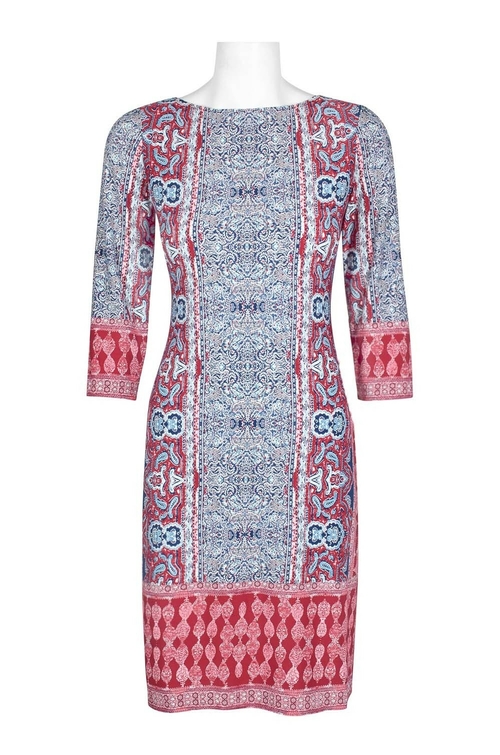 London Times Boat Neck 3/4 Sleeve Bodycon Multi Print Shift Jersey