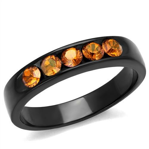 Women IP Black Stainless Steel Ring with Top Grade Crystal in Champagn