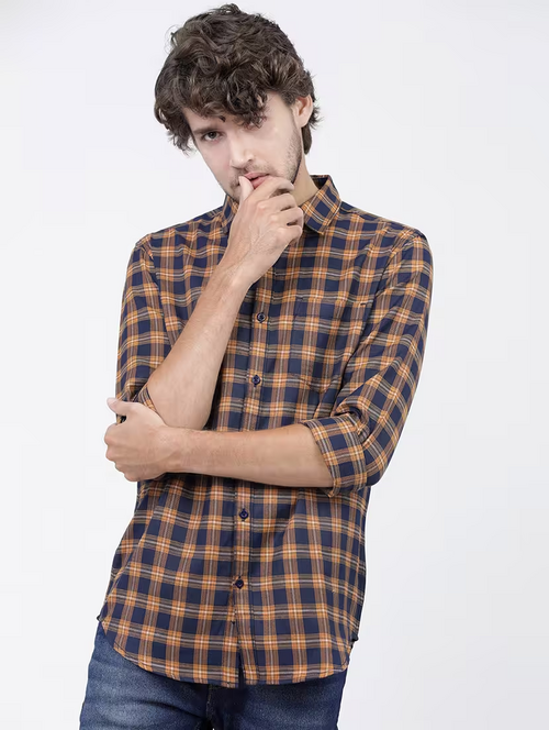 Men Long Sleeved Checkered Casual Shirt (Size-L) (Color-Navy Blue)