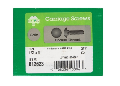 Hillman 812623 0.5 x 5 in. Hot Dipped Galvanized Carriage Screw Bolt