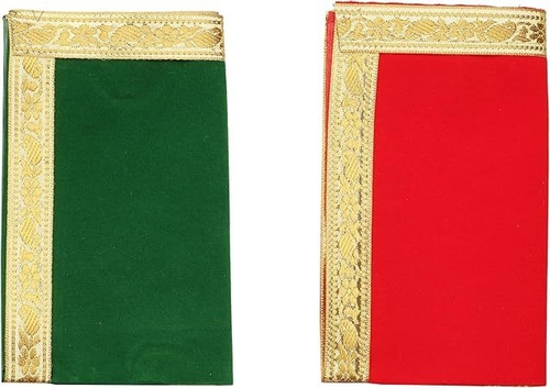 Set of 2 Red and Green Pooja Cloth Mat Aasan Decorative Cloth Size 13