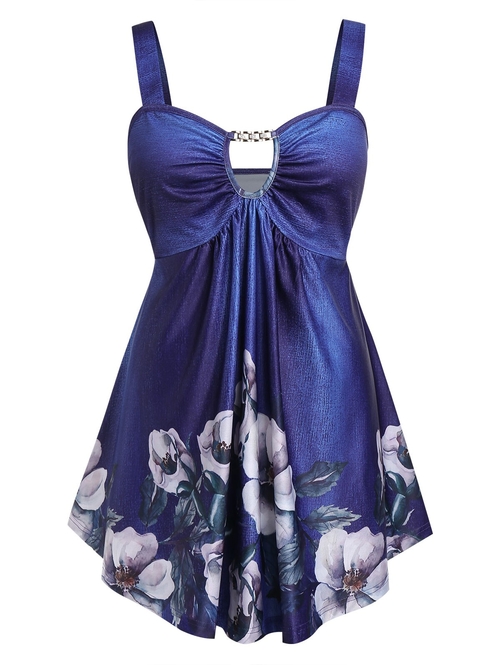  Plus Size Floral Print Cut Out Empire Waist