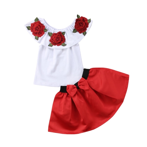 Embroidery Red Skirt Rose 2Pcs Off Shoulder