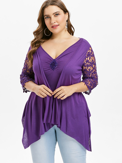  Plus Size 5XL Faux Twinset Asymmetrical T