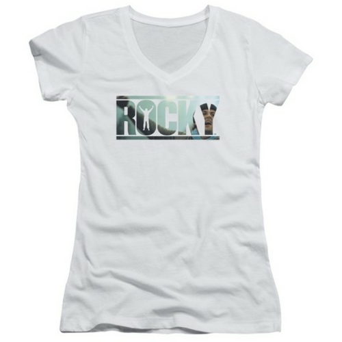 Trevco Rocky-Cutout Logo Junior V-Neck Tee, White - Small