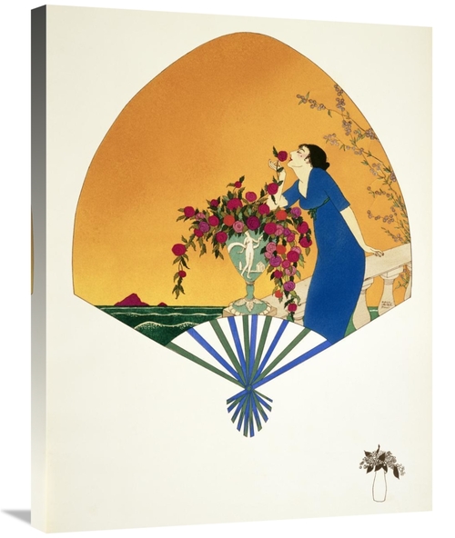 30 in. Fan - Woman on Balcony Smelling Rose Art Print - Paul Iribe