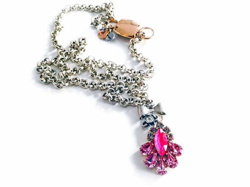 Hot pink crystal necklace with silver plated brass