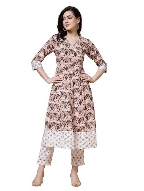 Cotton Brown White Floral print A-Line Kurta with Trouser (Size-2XL)