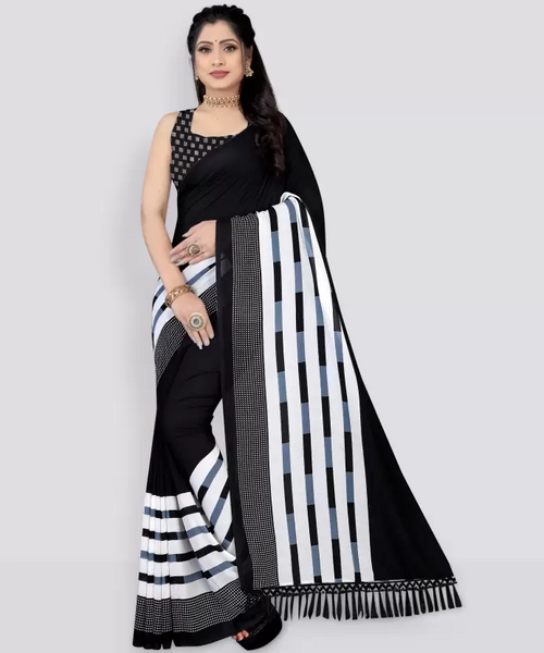 Printed Daily Wear Georgette Saree  (White, Black)