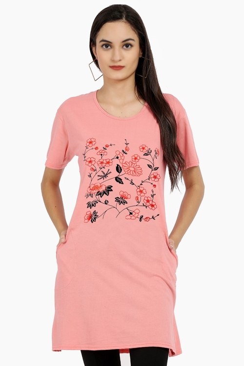 Women'S Round Neck Cotton Printed Long Tshirt (Size-Xl) (Color-Peach)