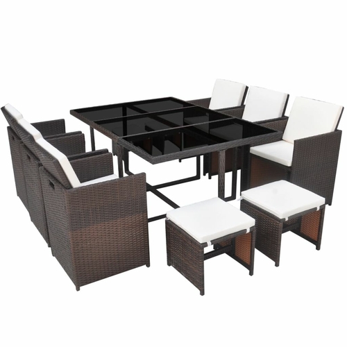 11 Piece Outdoor Dining Set with Cushions Poly Rattan Brown