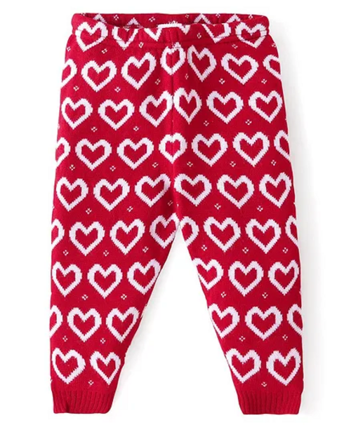 Knit Full Length Fleece Bottom Hearts Printed - Red