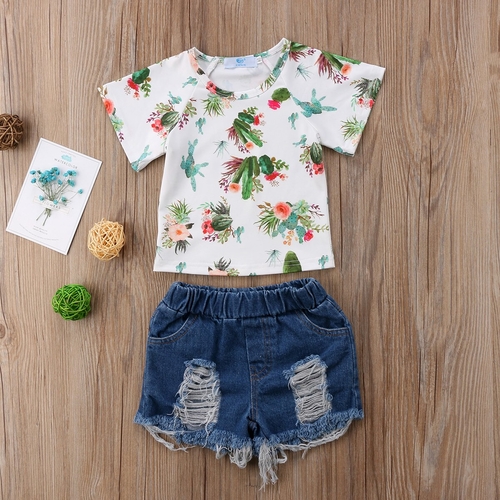 Toddler Kid Baby Girls Floral Top T shirt Denim