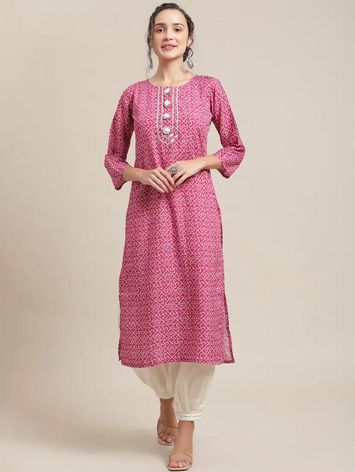 Women's Cotton straight kurta (Size-M) (Color-PINK)