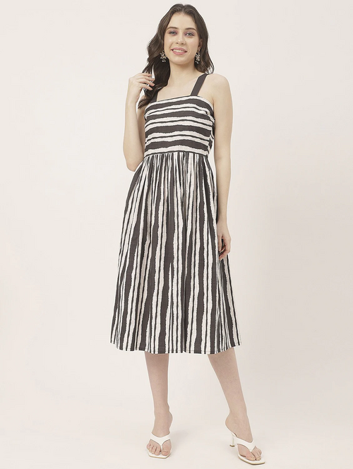 Women Black Stripes Fit & Flare Dress (Size-L) (Color-BLACK)