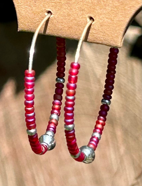 Magenta & Silver Beaded Hoop Earrings