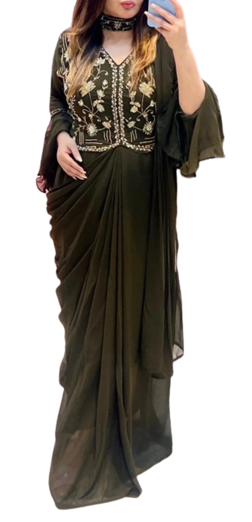 Women'sPre Draped Saree(ColorMehndi)(Size42)