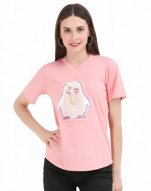 Women Printed Round Neck Peach T-Shirt