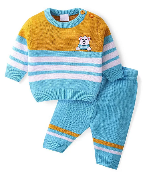 Knitted Full Sleeves Pullover Sweater & Pant Set With Stripes & Bear