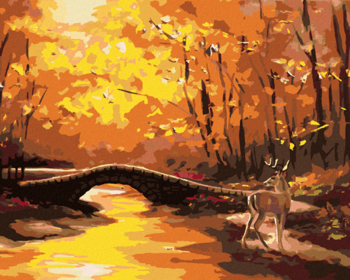 Zuty - Paint by Numbers - DEER AND A STONE BRIDGE IN AUTUMN (D. RUSTY