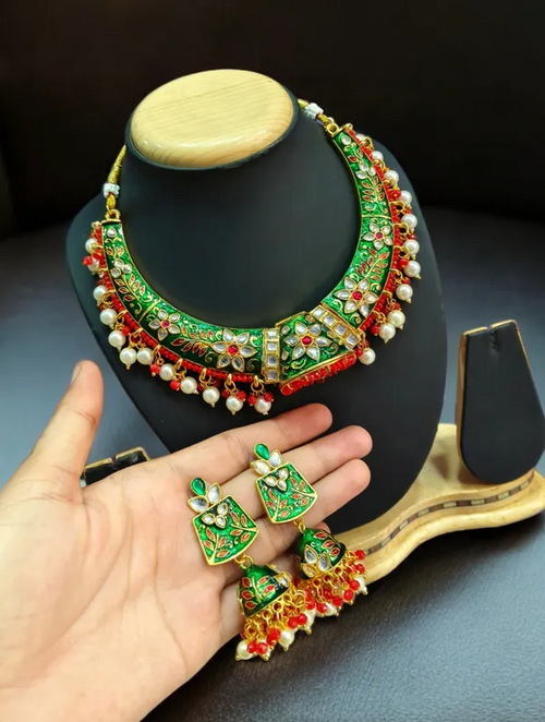 Indian Traditional Meenakari Hasli Choker Necklace Earrings Jewelry