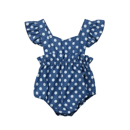 0 18M Baby Denim Color Polka Dots Bodysuit Infant