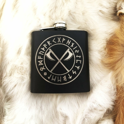 Custom Viking Double Axe Rune Circle Mat Black Flask Stainless Steel