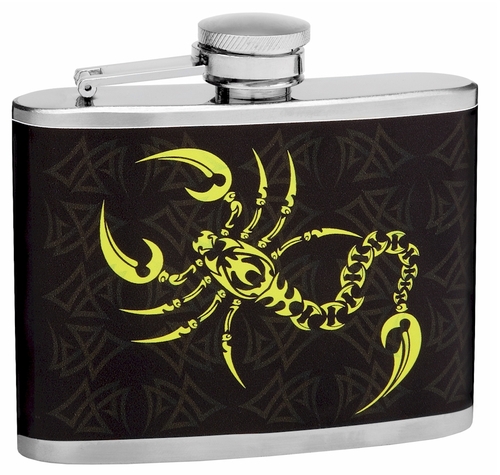 4oz Tribal Scorpion Hip Flask, Gift Box, Funnel and Shot Glasses
