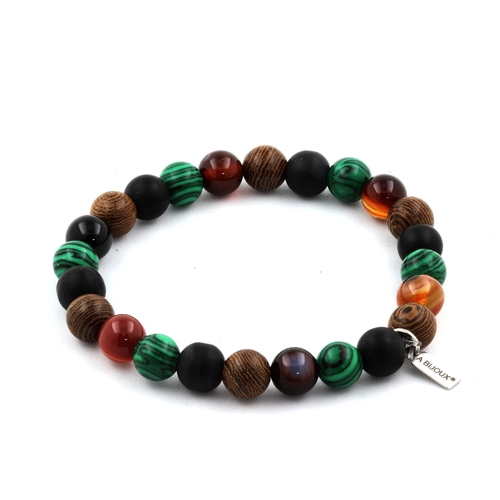 Banded Agate + Matte Black Onyx + Malachite + Wood Bracelet