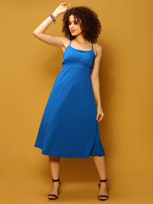 Women Blue Solid Fit & Flare Dress (Size-M) (Color-BLUE)