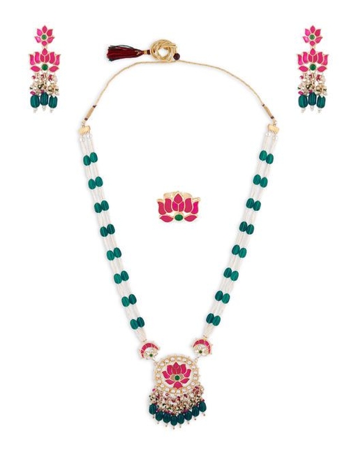 Set Of 3 Green & Pink Meenakari Design Long Necklace Earring and Ring