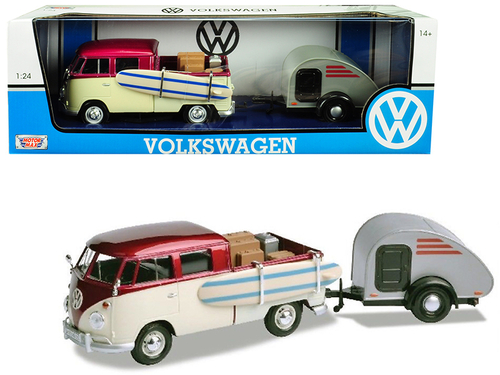 Volkswagen T1 Pickup Truck Purple and Cream with Surfboard,