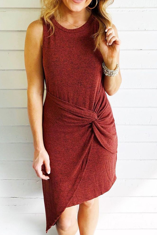 Wine Red Crew Neck Sleeveless Side Knot Irregular Hem Knitted Mini